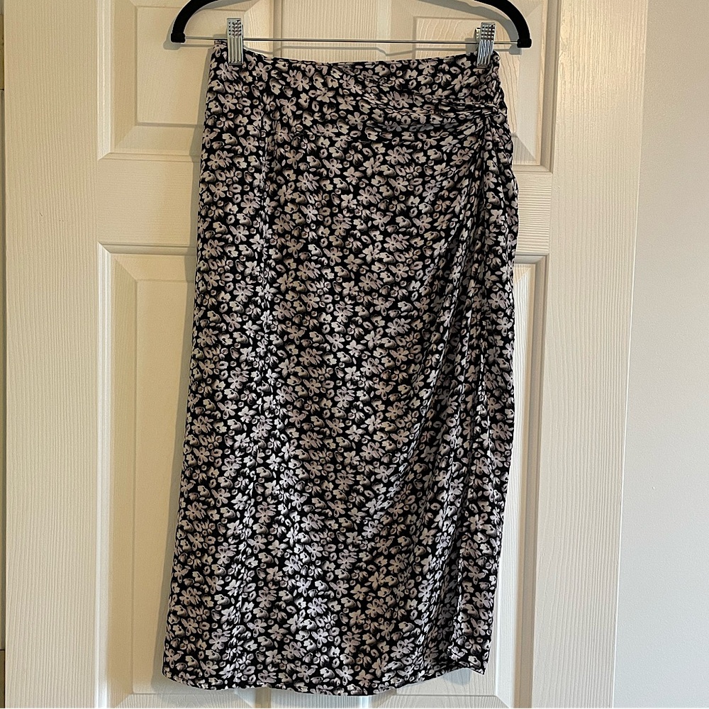 Abercrombie floral silky midi skirt with slit twist waist